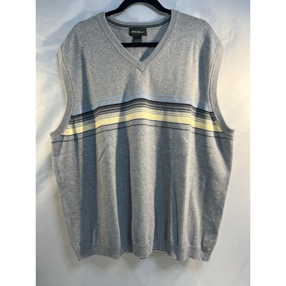 Eddie Bauer Mens XXXL Gray Striped V-Neck Cotton Blend Knit Sweater Vest 3XL